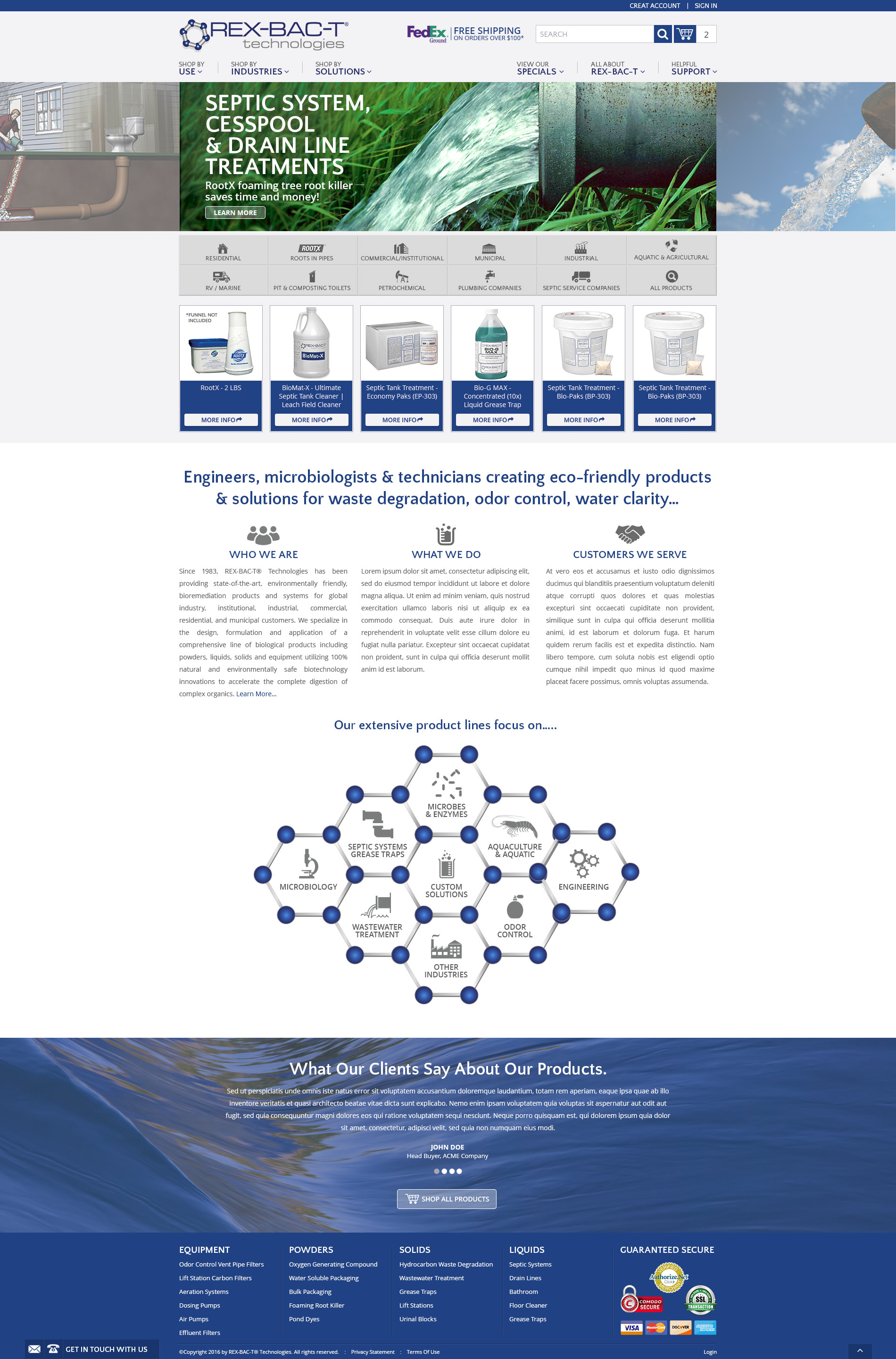 Example of the new and improved nopCommerce website designed by Foremost Media for Rex-Bac-T Technologies