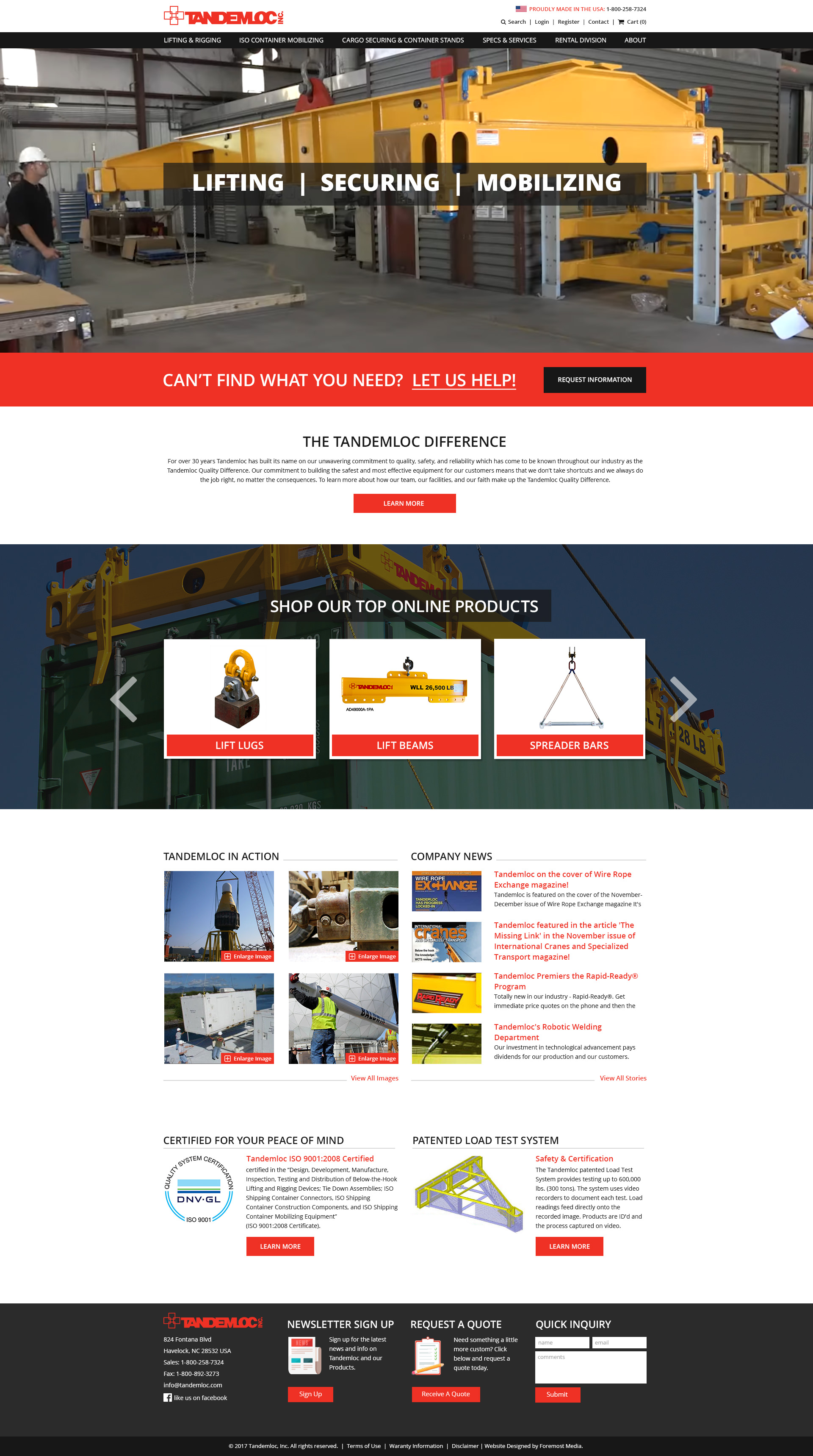Example of the new and improved nopCommerce website designed by Foremost Media for Tandemloc, INC.