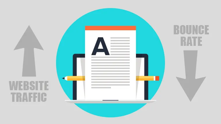 illustrated computer showing traffic up and bounce rate down from blogging