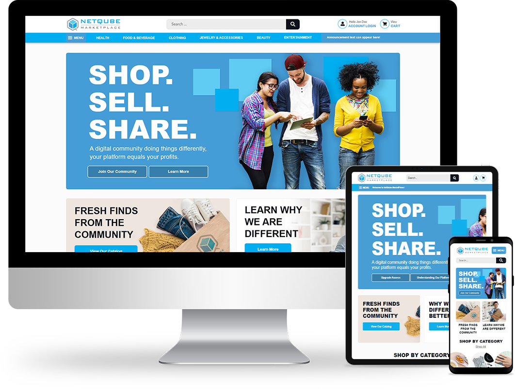 NetQube's portfolio page image of their new site on a desktop, tablet, and smart phone.