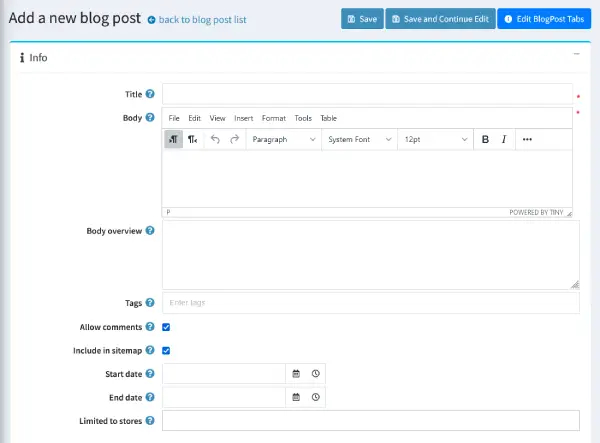 nopCommerce admin Blog post info